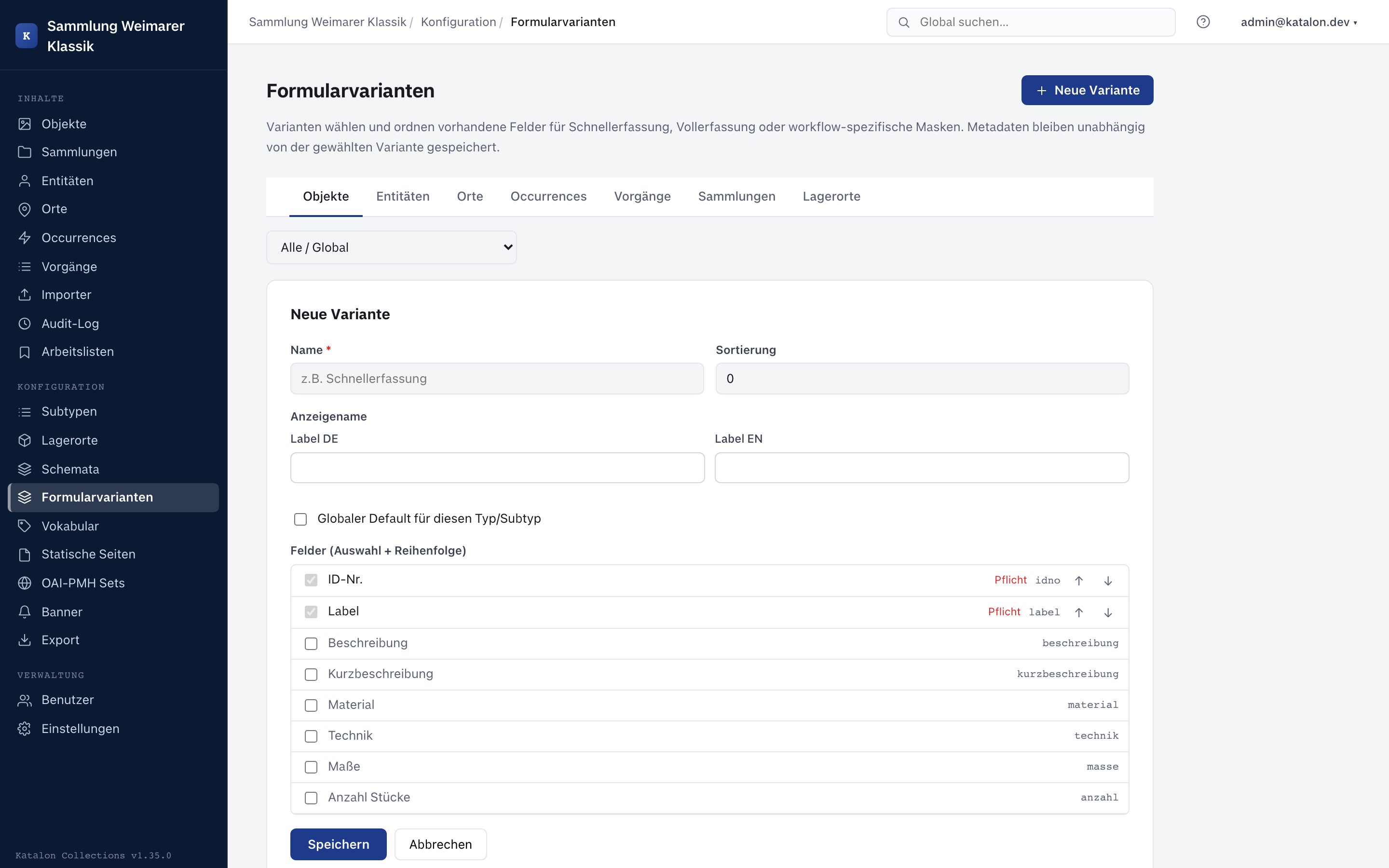 Editor für Formularvarianten mit auswählbaren und sortierbaren Feldern