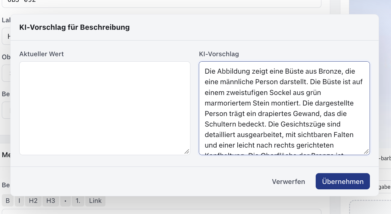 KI-Vorschlag für die Beschreibung eines Objekts
